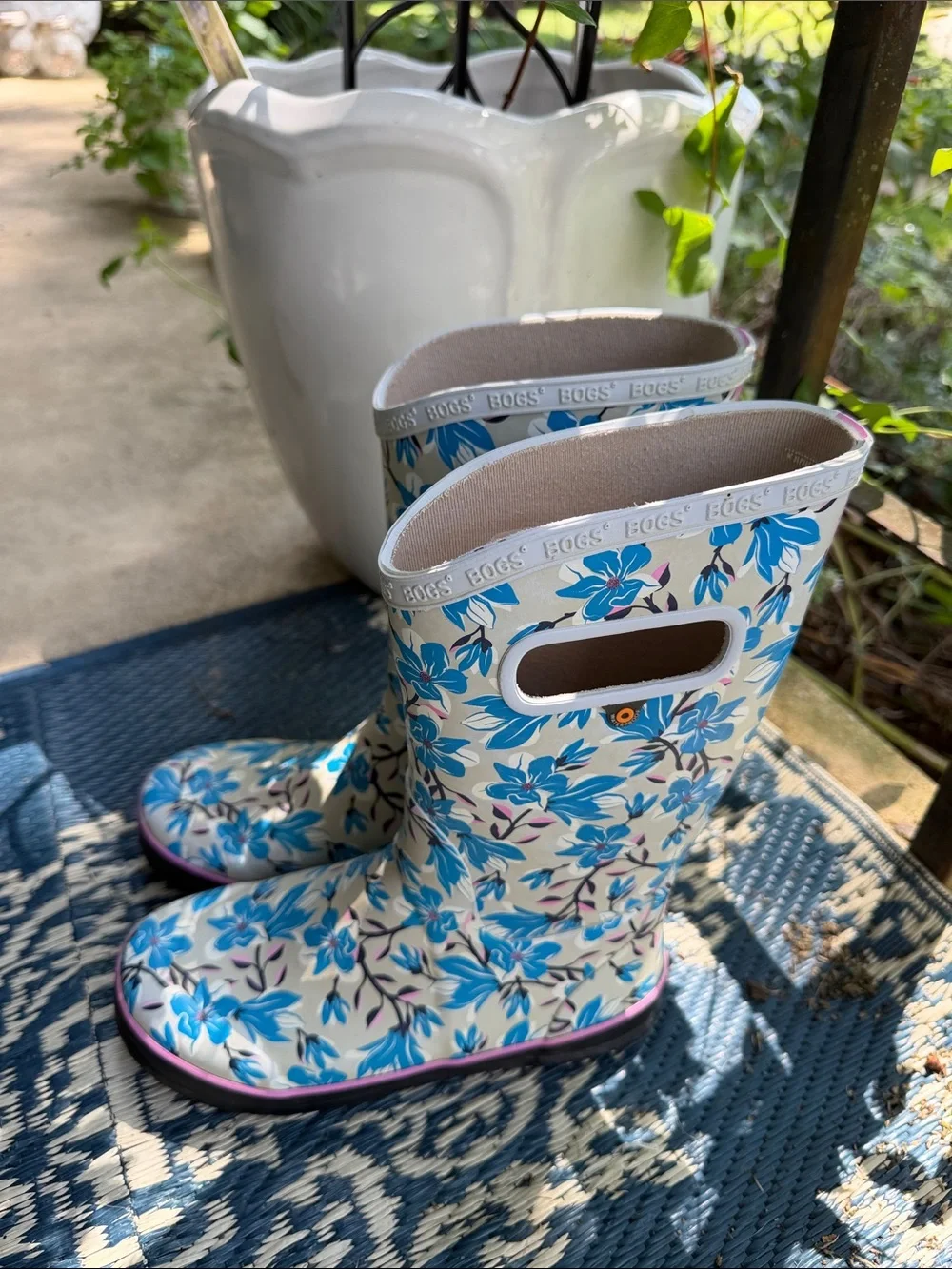 Bogs Youth Cream Floral Rain Boots with Blue Flowers
